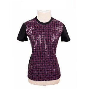 Prada  | Red and Blue Plaid Sequin Short Sleeve Crew Neck Top